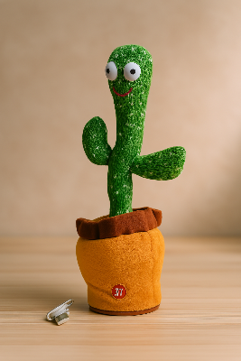Plush cactus toy in an orange pot on a wooden surface with a beige background